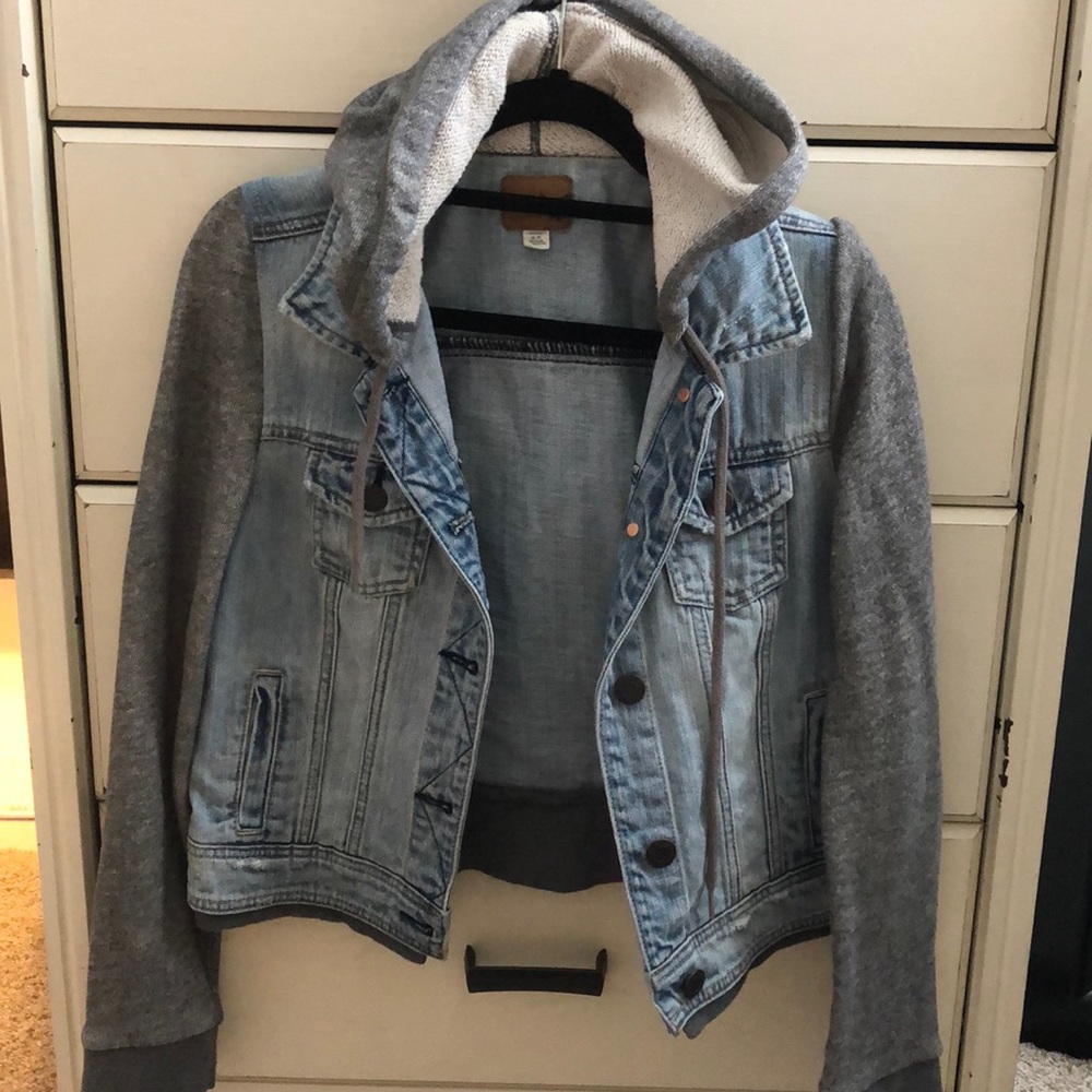 Jean jacket w/ gray sleeves and hood! Hardly worn
